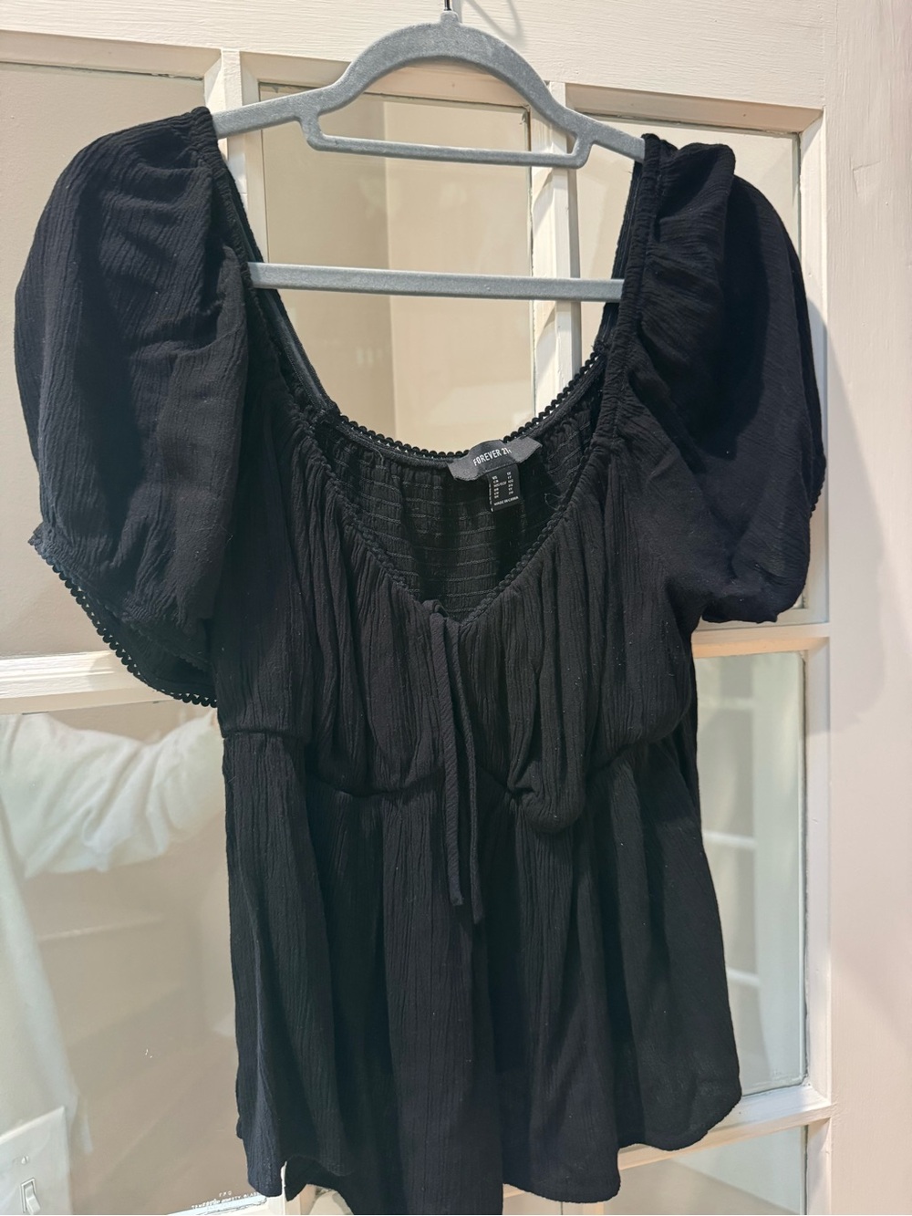 Forever 21 Black Puff Sleeve Peasant Top